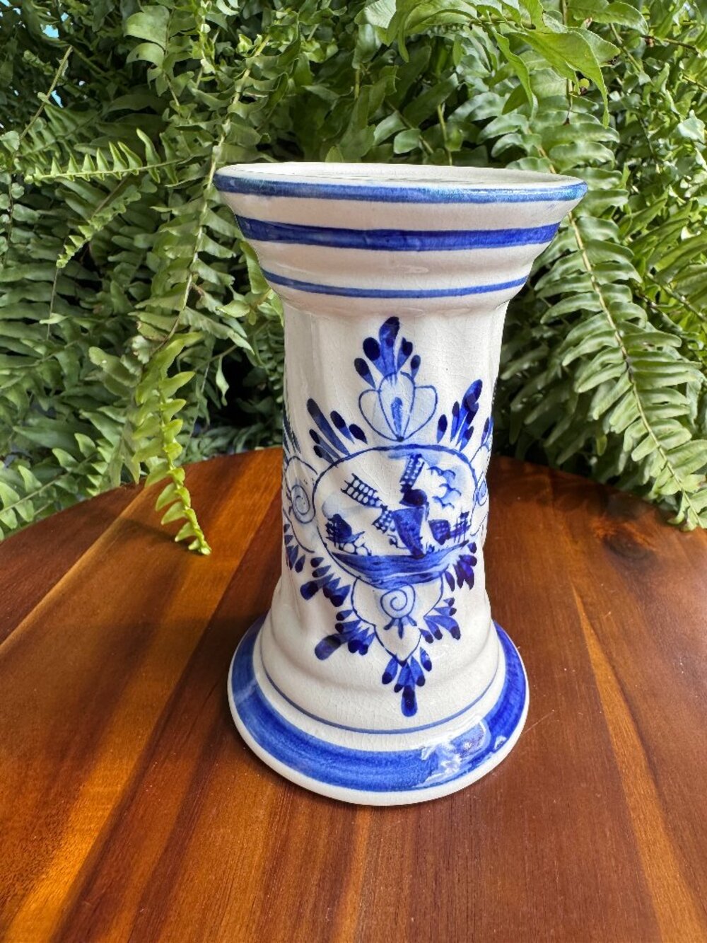 Vintage Delft Blue White Candlestick Holder, Hand Painted Dutch Pottery
